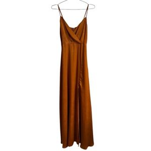 Women’s Lulus Rust Orange Satin V Neck Sleeveless Maxi Dress Size XS NWT